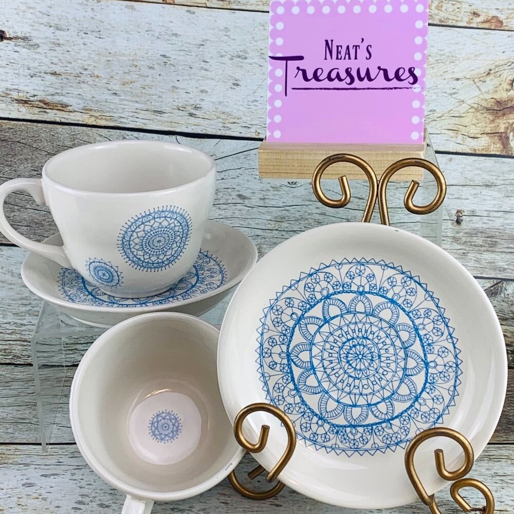 Mary & Martha 2016 NEW MERCIES White Blue Floral Design Cups and Saucers Set 2